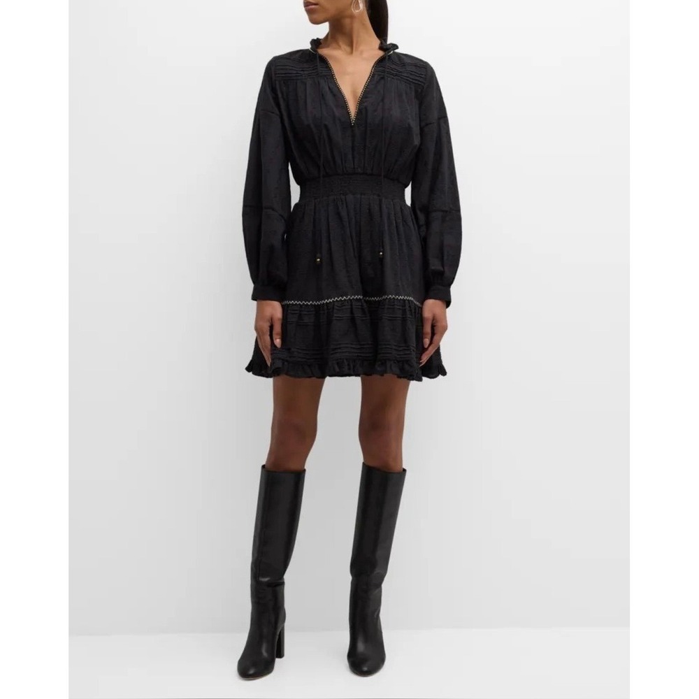 Figue Rayne Embroidered Mini Dress Long Sleeve Smocked Waist Black XS